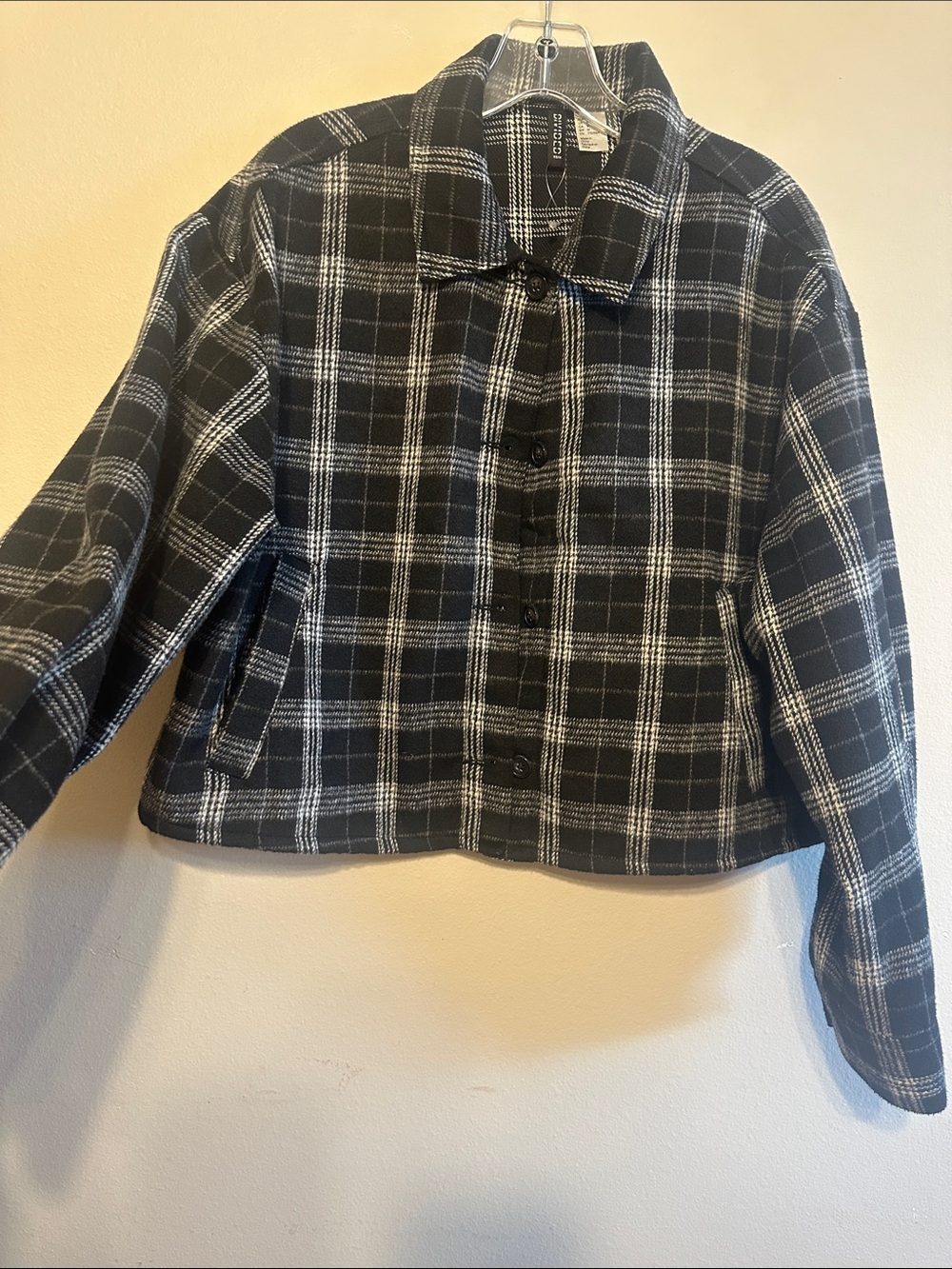 H&M Black and White Plaid Cropped Button Jacket